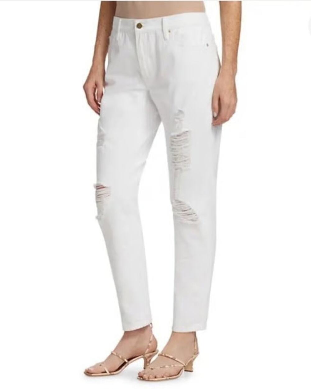 Frame Denim Le Garcon Distressed Jeans White Boyfriend Mid Rise Cotton Size 26